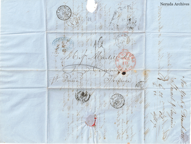NRA-L-000406 image 1 showing a blue folded address panel to Martell & Co in Cognac, with New York and French postal marks, seal traces, a paper loss and docketing.
