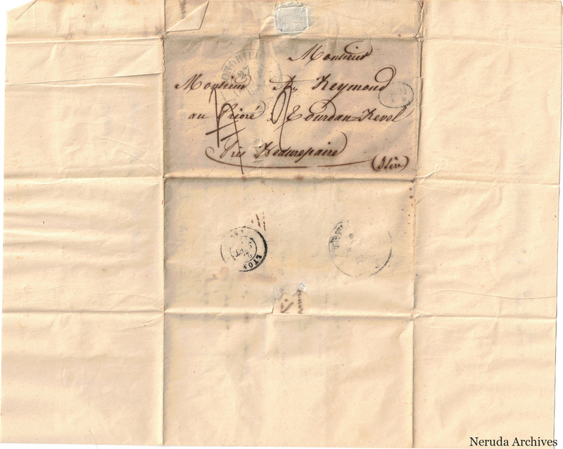 NRA-L-000057 image 1 showing the folded address panel to R. Reymond at Tourdan-Revel near Beaurepaire, with circular postal cancellations and a paper seal.