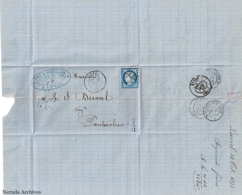 NRA-L-000136 image 1 showing a folded graph-paper address panel to J. J. Duval in Pontarlier, with a postage stamp, several postal marks, receiver docketing, folds and a large physical loss at the left edge.