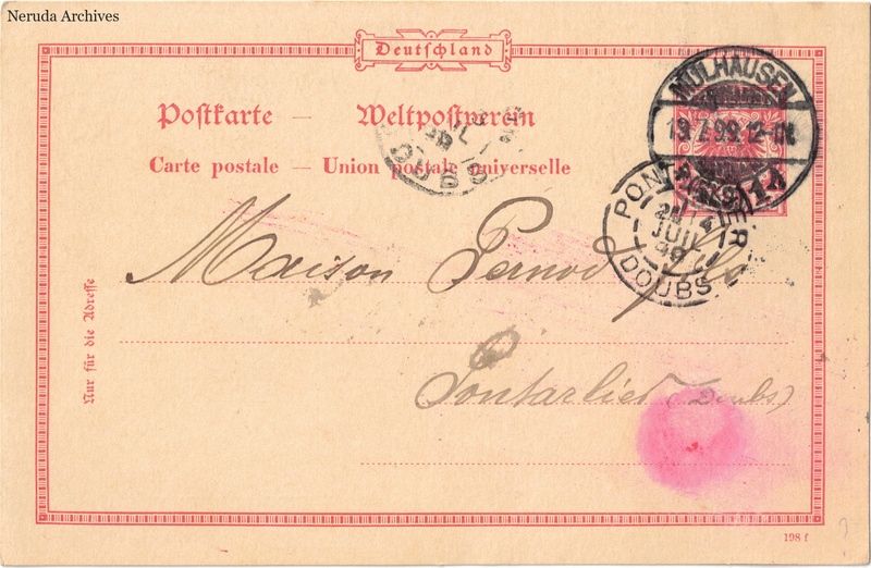 NRA-L-000165 image 1 showing a red German postcard addressed to Maison Pernod fils in Pontarlier, with a postage stamp, postmarks and a red circular mark.