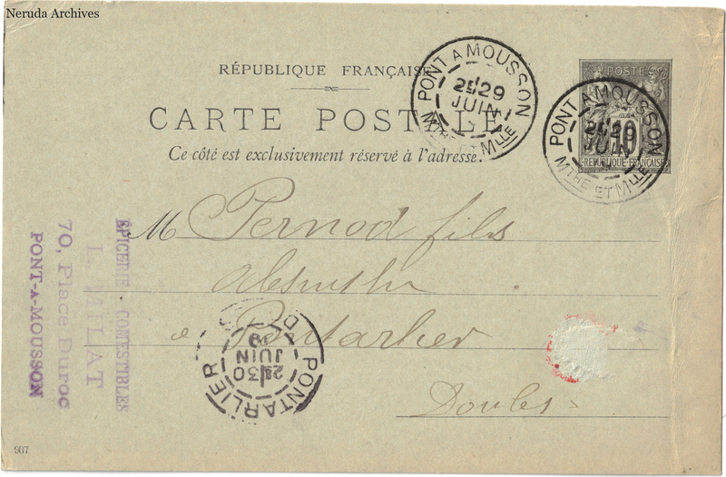 NRA-L-000240 image 1 showing the address side of a postcard sent by Widow Milat, Épicerie-Comestibles L. Milat to Pernod Fils, with contemporary postal and business marks.
