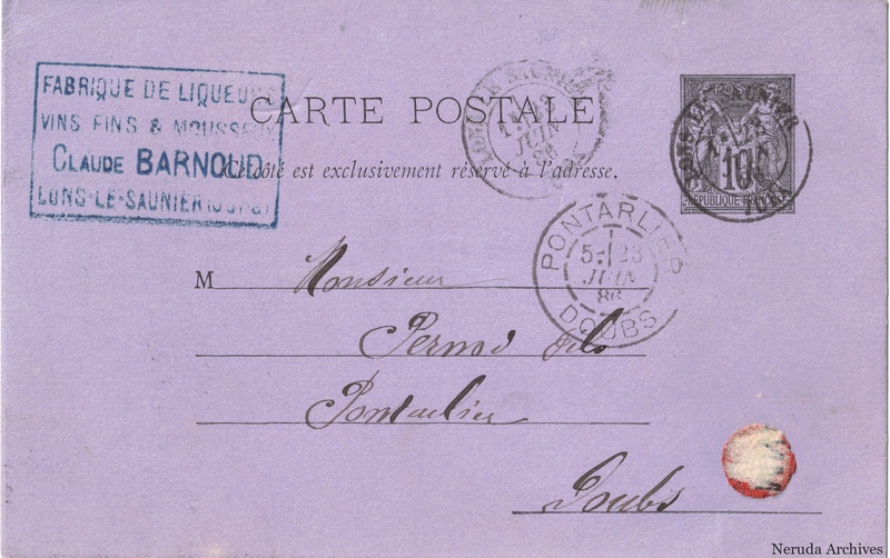 NRA-L-000276 image 1 showing the address side of a postcard sent by Claude Barnoud to Pernod Fils, with contemporary postal and business marks.