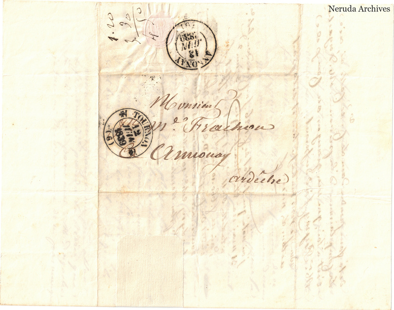 NRA-L-000587 image 1 showing a folded address panel to a Frachon correspondent with postal marks, routing notes, seals, folds and retained annotations.