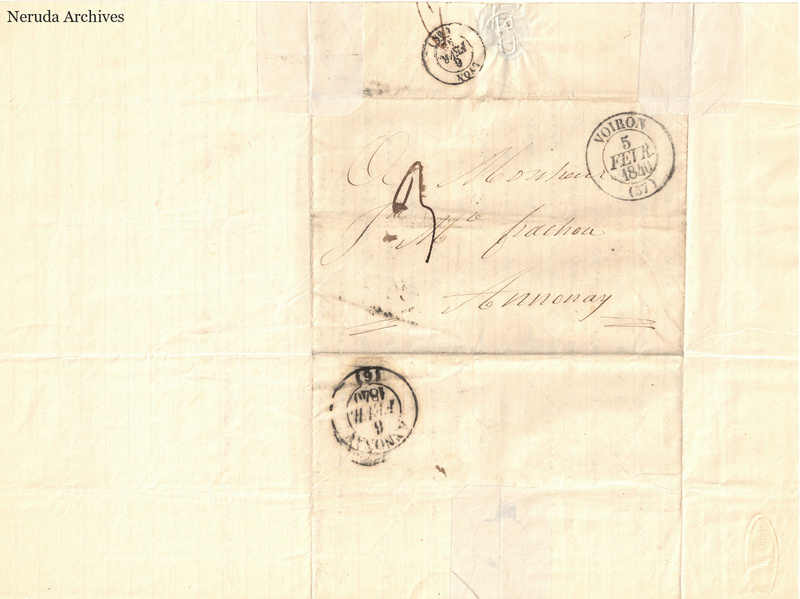 NRA-L-000510 image 1 showing a folded address panel to a Frachon correspondent with postal marks, routing notations and visible folds.