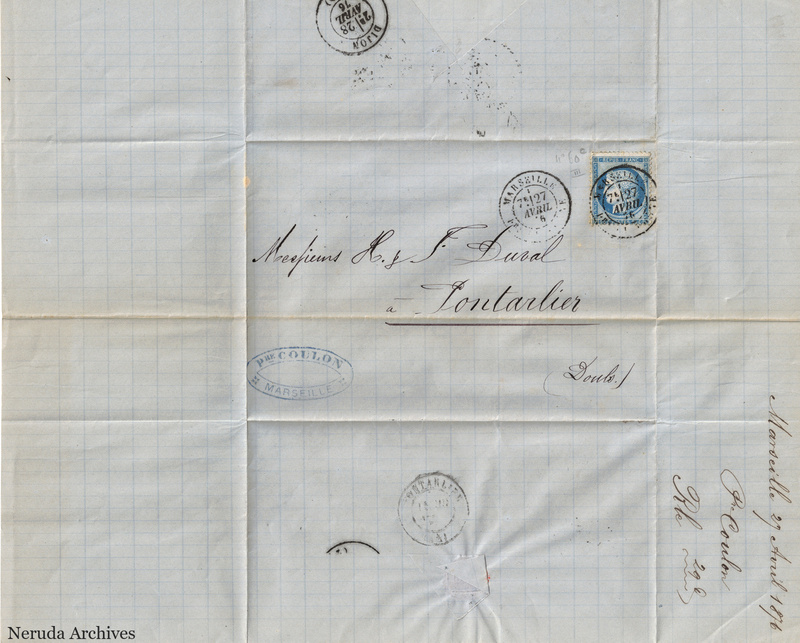NRA-L-000137 image 1 showing a folded graph-paper address panel to H. and F. Duval in Pontarlier, with a postage stamp, Marseille and Pontarlier postal marks, a P. Coulon handstamp, docketing and folds.