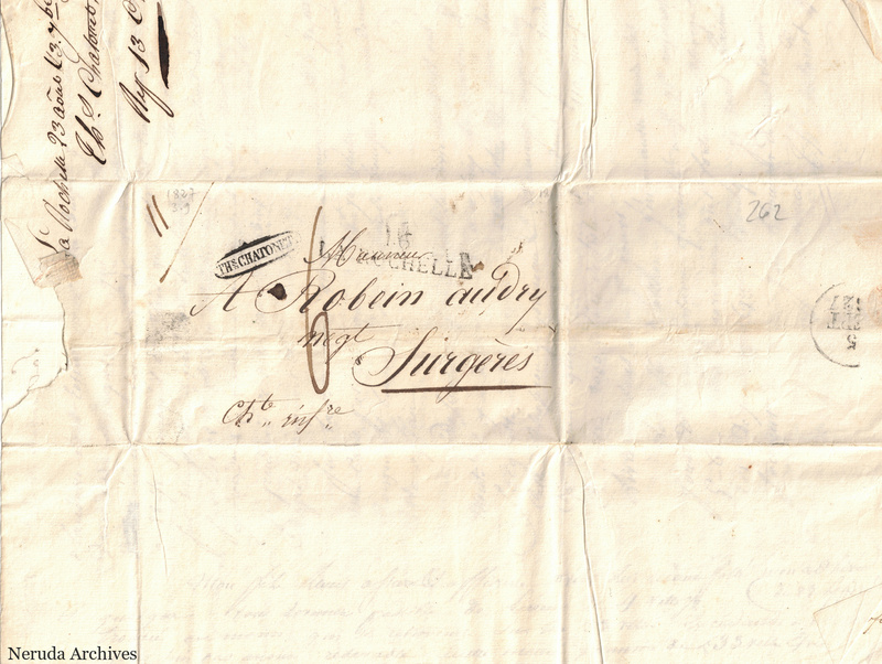 NRA-L-000409 image 1 showing a folded address panel to a recipient at Surgeres, with postal marks, folds and manuscript docketing.