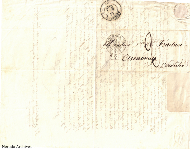 NRA-L-000572 image 1 showing a folded address panel to a Frachon correspondent with postal marks, routing notes, seals, folds and retained annotations.