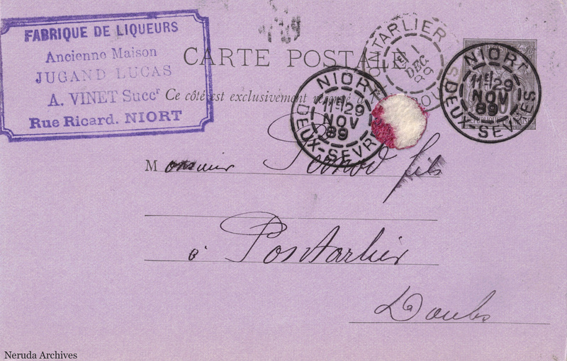NRA-L-000305 image 1 showing the complete address side of the postcard, with the recipient address, postage, postmarks and contemporary business or filing marks.