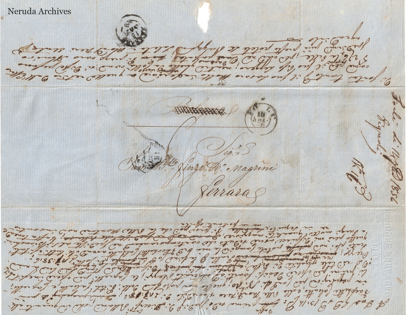 NRA-L-000726 image 1 showing the manuscript address to Samuel Finzi called Magrini in Ferrara, postal marks and two inverted recipient reply drafts.