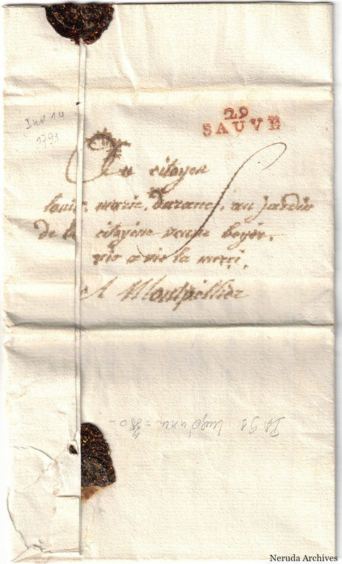 NRA-L-000667 image 1 showing a folded address panel to a citizen in Montpellier, with the Sauve postmark and wax-seal remnants.