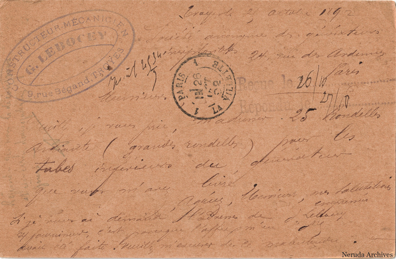 NRA-L-000262 image 2 showing the handwritten message from G. Lebocey to Société anonyme des Générateurs inexplosibles, with contemporary annotations and the sender's signature or business mark.