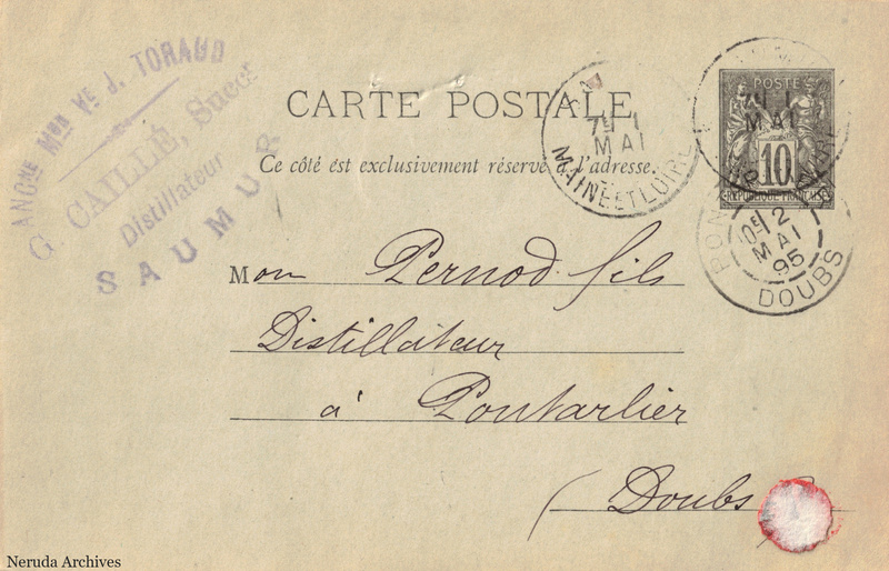NRA-L-000178 image 1 showing the postcard address panel to Pernod fils in Pontarlier, with postage stamp, postmarks and the sender's business mark.