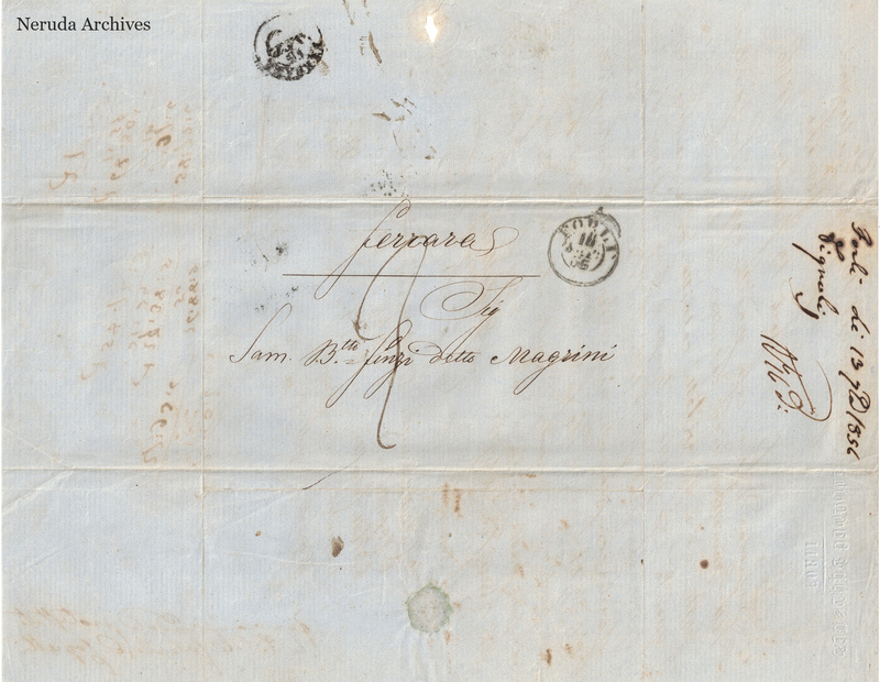 NRA-L-000698 image 1 showing the address panel, postal impressions, seal remains and filing evidence in the Forli letter of 13 September1856.