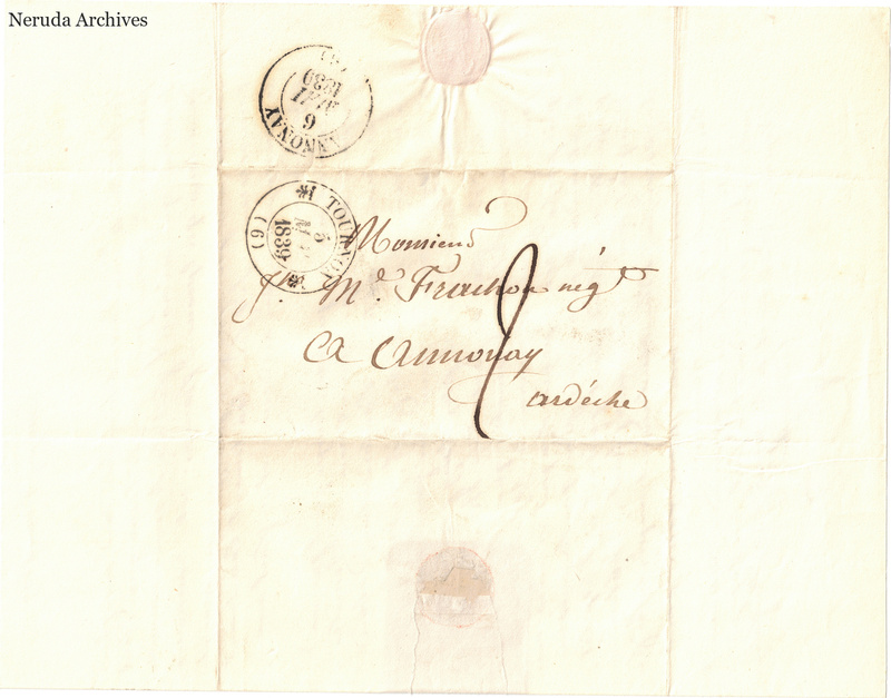 NRA-L-000577 image 1 showing a folded address panel to a Frachon correspondent with postal marks, routing notes, seals, folds and retained annotations.