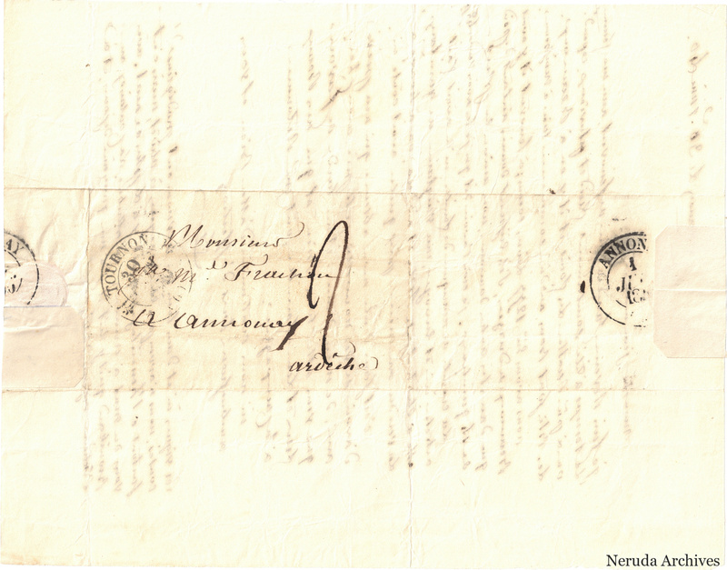 NRA-L-000571 image 1 showing a folded address panel to a Frachon correspondent with postal marks, routing notes, seals, folds and retained annotations.