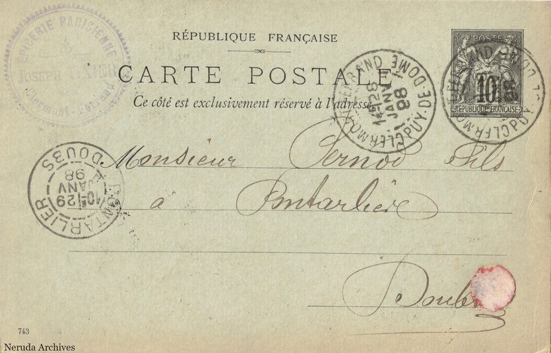 NRA-L-000332 image 1 showing the address side of a postcard sent by Joseph Tixier to Pernod Fils, with contemporary postal and business marks.
