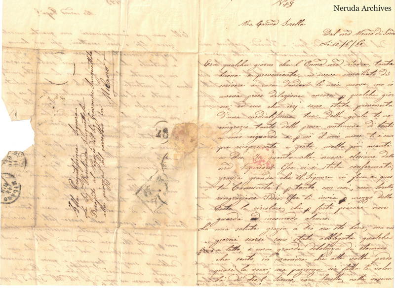 NRA-L-000635 image 1 showing an unfolded Italian letter with an address panel and postal evidence on the left, opening letter text on the right, folds, tears and complete surviving paper edges.