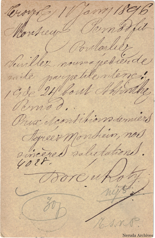NRA-L-000338 image 2 showing the handwritten message from Doré & Roty to Pernod Fils, with contemporary annotations and the sender's signature or business mark.