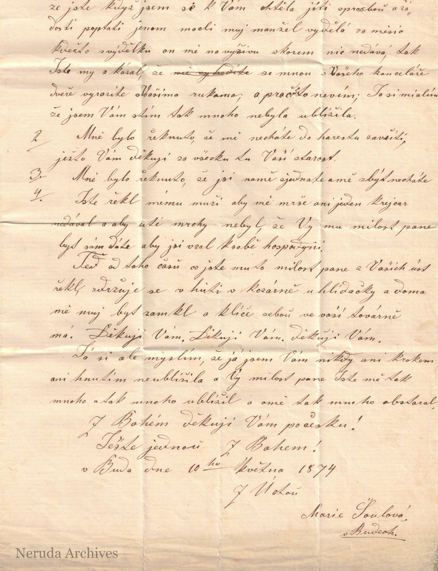 NRA-L-000023 image 4 showing a second view of the written letter page of Marie Šoulová's 1874 letter from Budech.