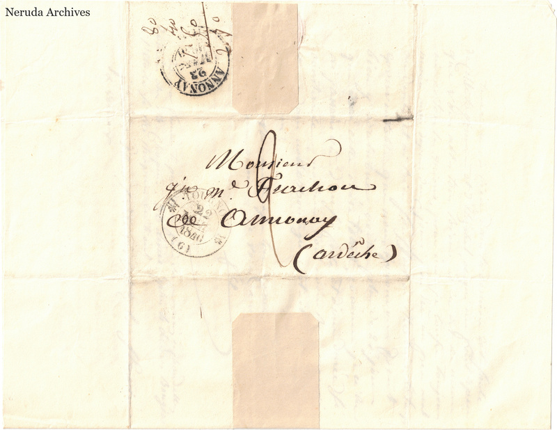 NRA-L-000591 image 1 showing a folded address panel to a Frachon correspondent at Annonay, with handwritten delivery address, postal marks, sealing evidence, folds and retained annotations.