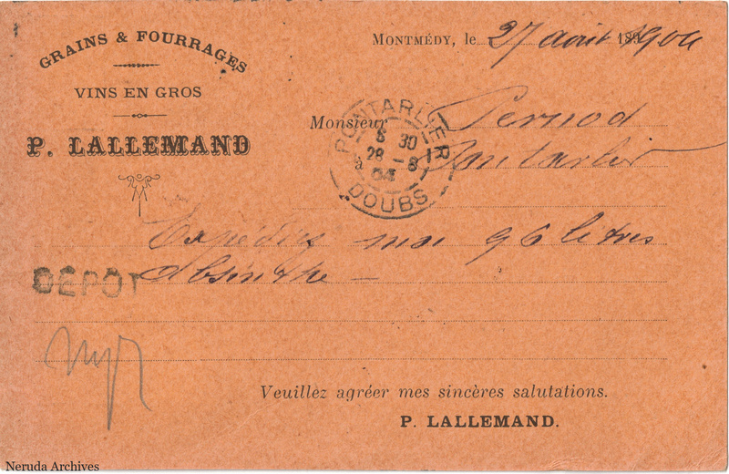 NRA-L-000217 image 2 showing the handwritten message from P. Lallemand to Pernod Fils, with contemporary annotations and the sender's signature or business mark.