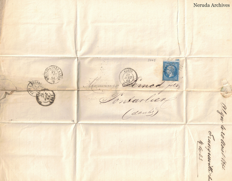 NRA-L-000120 image 1 showing the folded address panel to Pernod fils in Pontarlier with a postage stamp, several circular postal marks, receiver docketing, seal evidence and torn side edges.