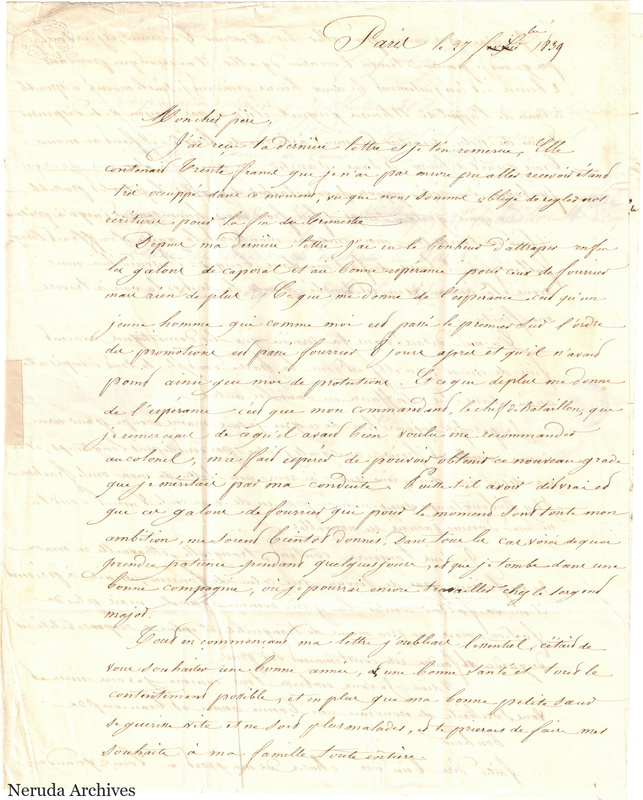 NRA-L-000608 image 2 showing a handwritten French letter page with manuscript dateline and text, visible fold lines and complete physical paper edges.