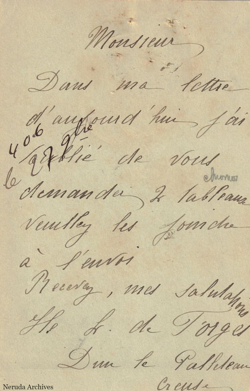 NRA-L-000259 image 2 showing the handwritten message from L. de Forges to Pernod Fils, with contemporary annotations and the sender's signature or business mark.