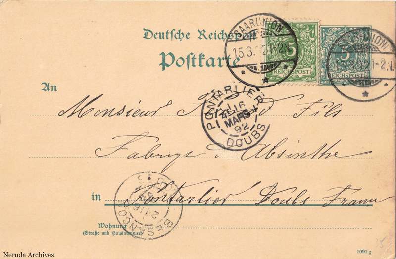 NRA-L-000169 image 1 showing a German postcard addressed to Pernod fils, absinthe manufacturers in Pontarlier, with two postage stamps and several postmarks.