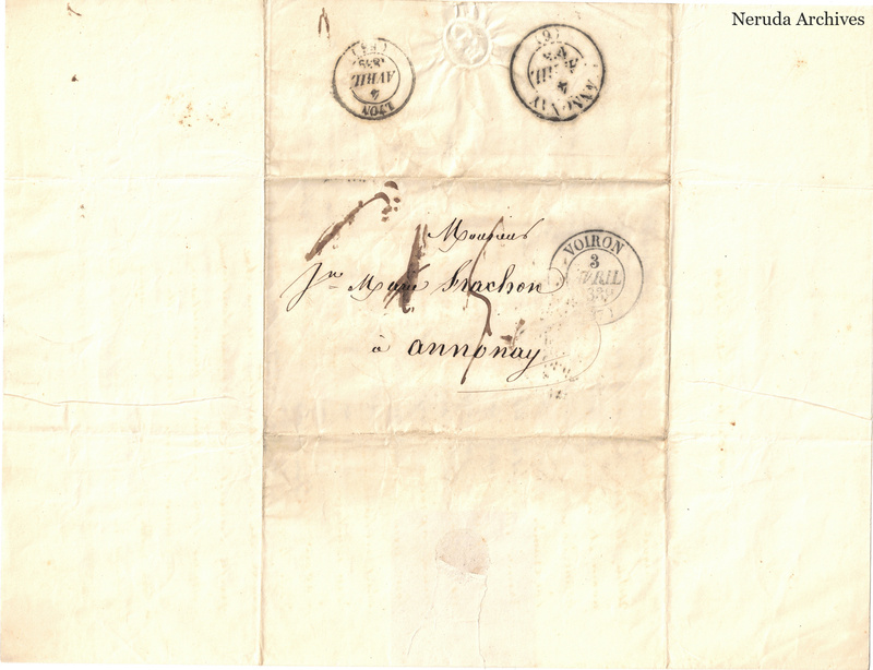 NRA-L-000502 image 1 showing a folded address panel to a Frachon correspondent with postal marks, routing notations and paper folds.