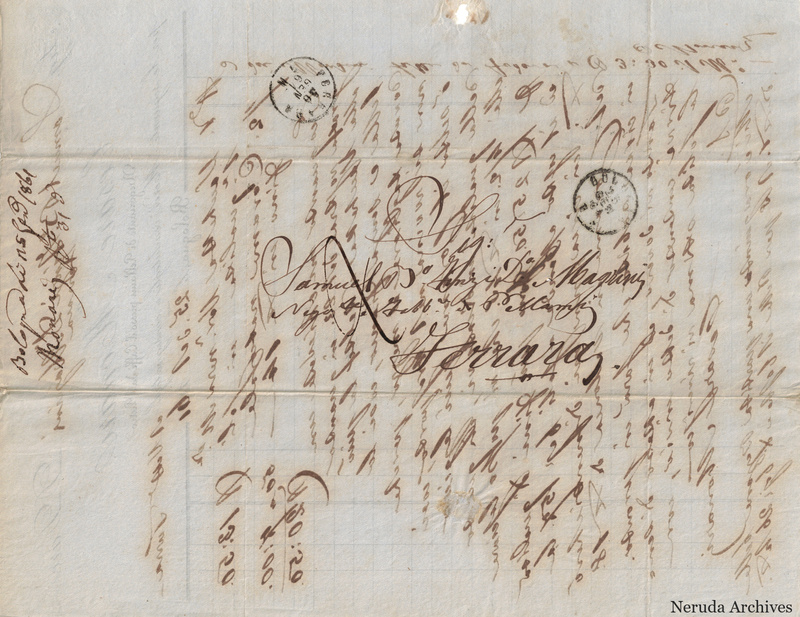 NRA-L-000745 image 1 showing the folded delivery address to Samuel B.o Finzi D.o Magrini in Ferrara, with postal marks and a handwritten filing docket.