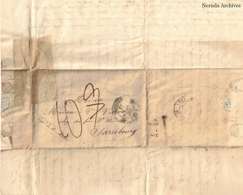 NRA-L-000059 image 1 showing the folded address panel to a woman at Sarrebourg, with postal cancellations, repairs and paper loss.