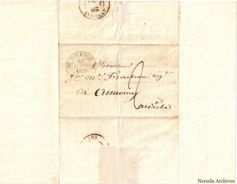 NRA-L-000580 image 1 showing a folded address panel to a Frachon correspondent with postal marks, routing notes, seals, folds and retained annotations.