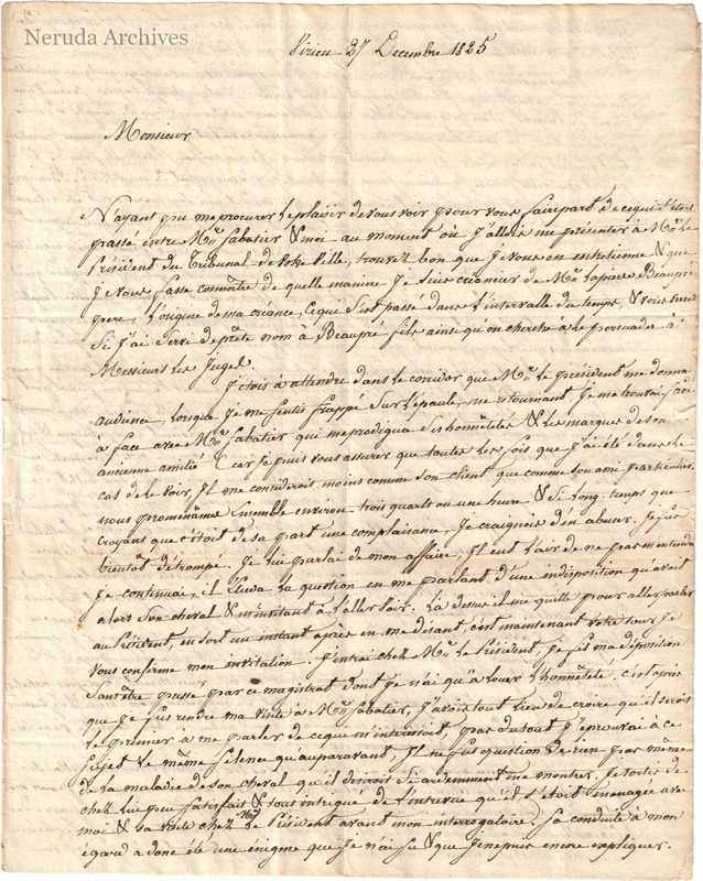 NRA-L-000021 image 2 showing the first page of Poncet's letter from Virieu, dated 27 December 1825.