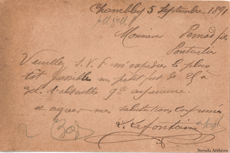 NRA-L-000202 image 2 showing the handwritten message from L. Lafontaine to Pernod Fils, with contemporary annotations and the sender's signature or business mark.