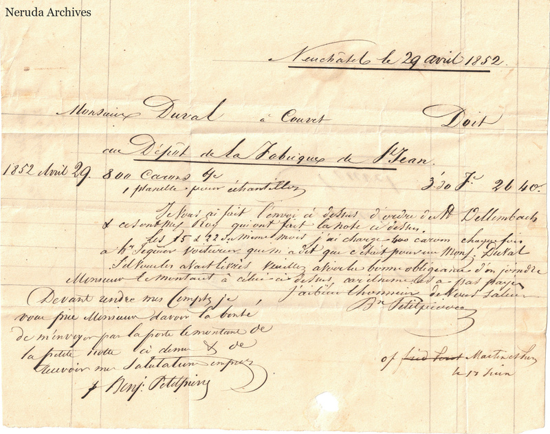 NRA-L-000130 image 2 showing a handwritten invoice and commercial letter dated at Neuchâtel, with itemized figures, signatures, folds and a small interior paper loss.