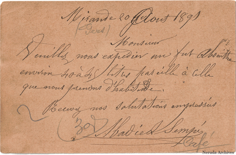 NRA-L-000246 image 2 showing the handwritten message from Abadie & Sempé to Pernod Fils, with contemporary annotations and the sender's signature or business mark.
