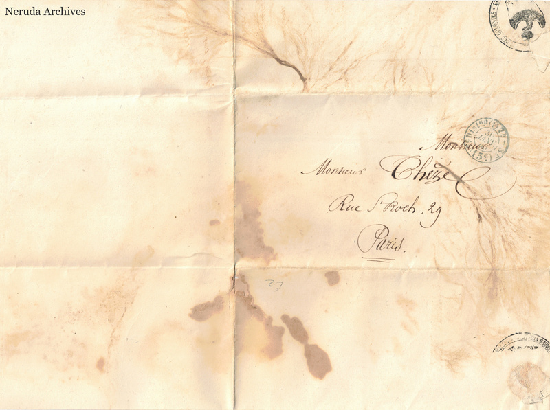 NRA-L-000080 image 1 showing the unfolded outer address side to Monsieur Chèze in Paris with postal marks, folds, and stains.