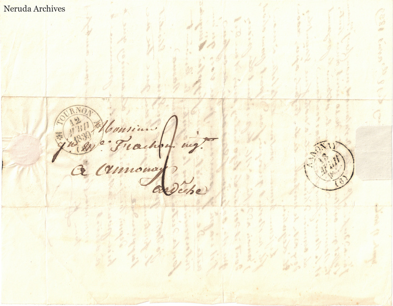 NRA-L-000529 image 1 showing a folded address panel to a Frachon correspondent with postal marks, routing notes, seals and visible folds.