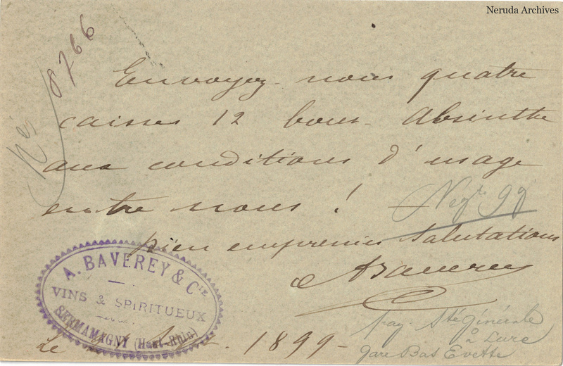 NRA-L-000194 image 2 showing the handwritten message from A. Baverey & Cie to Pernod Fils, with contemporary annotations and the sender's signature or business mark.