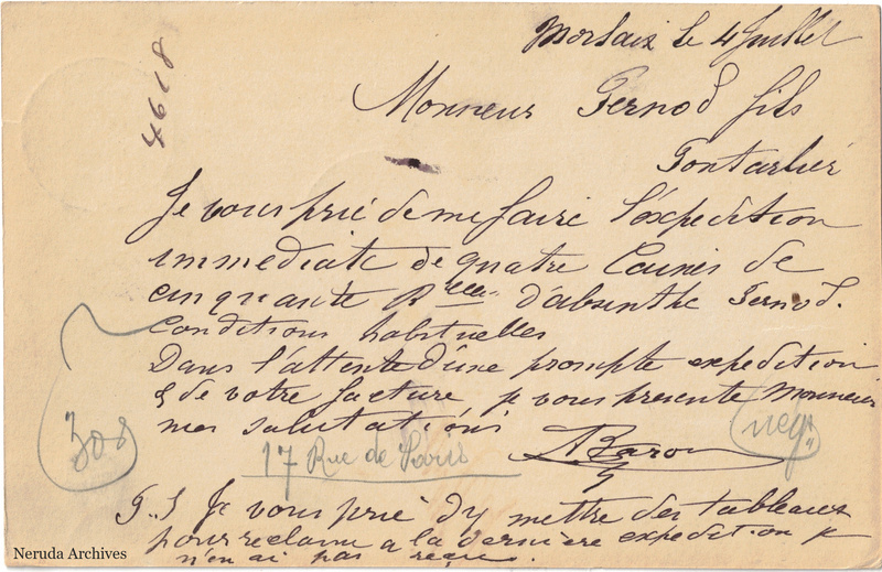 NRA-L-000331 image 2 showing the handwritten message from Auguste Baron to Pernod Fils, with contemporary annotations and the sender's signature or business mark.