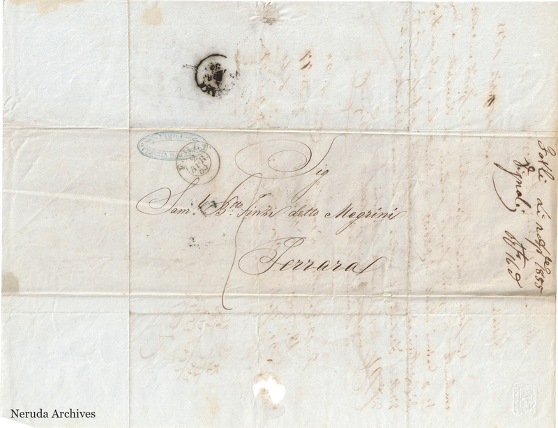 NRA-L-000695 image 1 showing the delivery address, postal evidence and docket of Vignoli's letter dated 19 April 1855.