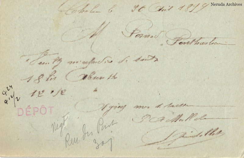 NRA-L-000228 image 2 showing the handwritten message from A. Mielle Aîné to Pernod, with contemporary annotations and the sender's signature or business mark.