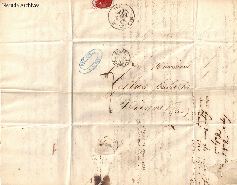 NRA-L-000588 image 1 showing the folded address panel to Mr Gelas in Vienne, Isère, with a red wax seal remnant, Algiers, Marseille and Vienne postal marks and later accounting notes.