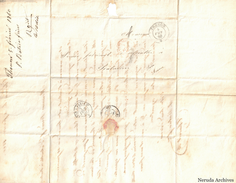 NRA-L-000085 image 1 showing the complete folded address panel to an absinthe manufacturer in Pontarlier with circular postal marks, manuscript docketing, seal remnants and paper damage.