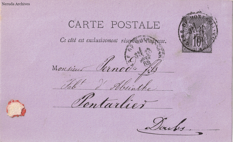 NRA-L-000212 image 1 showing the address side of a postcard sent by Camille Hanhart to Pernod Fils, with contemporary postal and business marks.