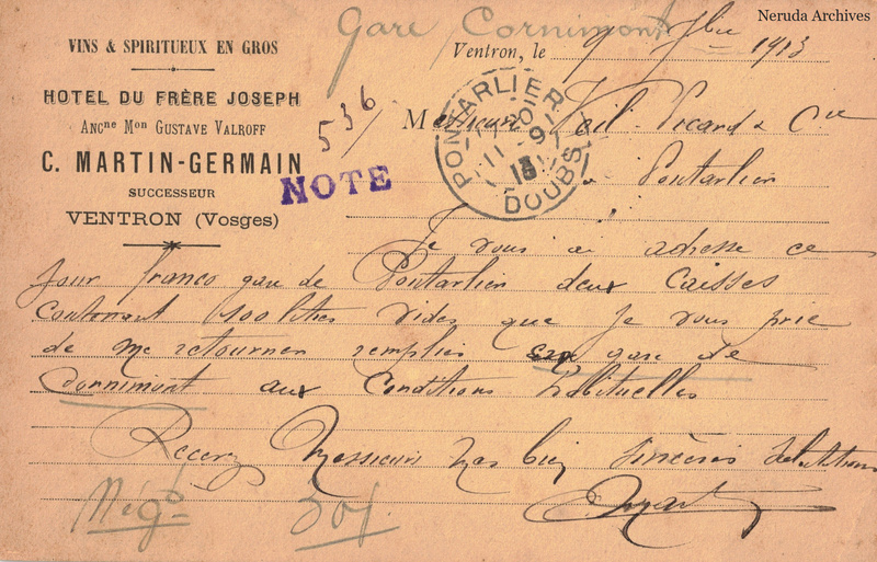 NRA-L-000283 image 2 showing the handwritten message from C. Martin-Germain to Veil-Picard & Cie, Maison Pernod Fils, with contemporary annotations and the sender's signature or business mark.