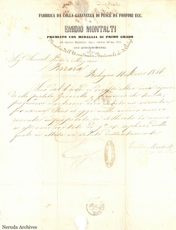 NRA-L-000743 image 2 showing letter text and signature belonging to Emidio Montalti, dated 1856-03-11 in Bologna.