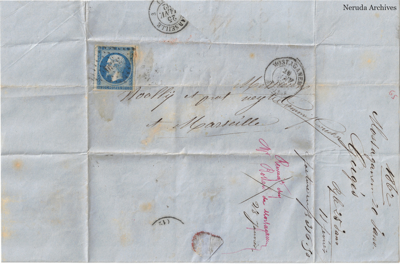NRA-L-000131 image 1 showing a folded blue-paper address panel to a Marseille firm with a postage stamp, circular postal marks, forwarding notes, receiver docketing, folds and a seal remnant.