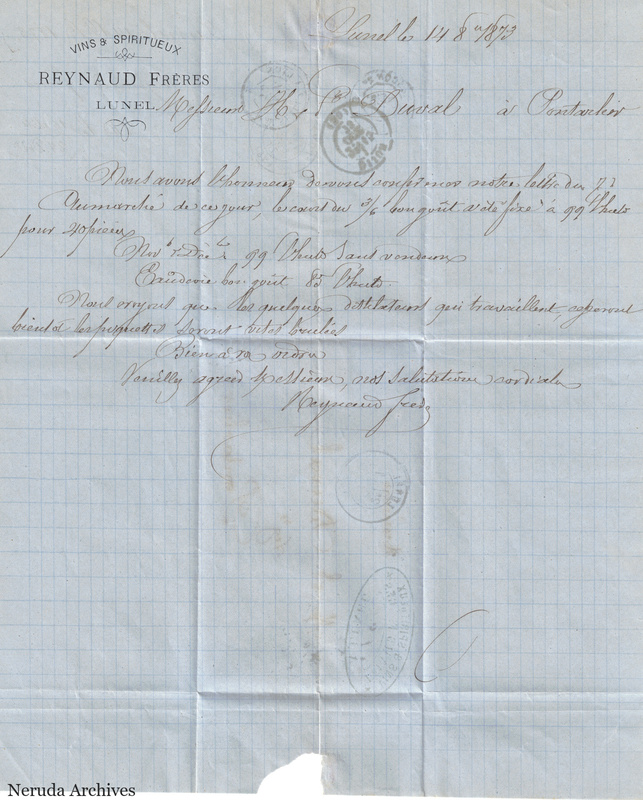 NRA-L-000136 image 2 showing a handwritten commercial letter on Reynaud frères wines and spirits letterhead from Lunel, with dated heading, signature, postal impressions, folds and a lower-edge loss.